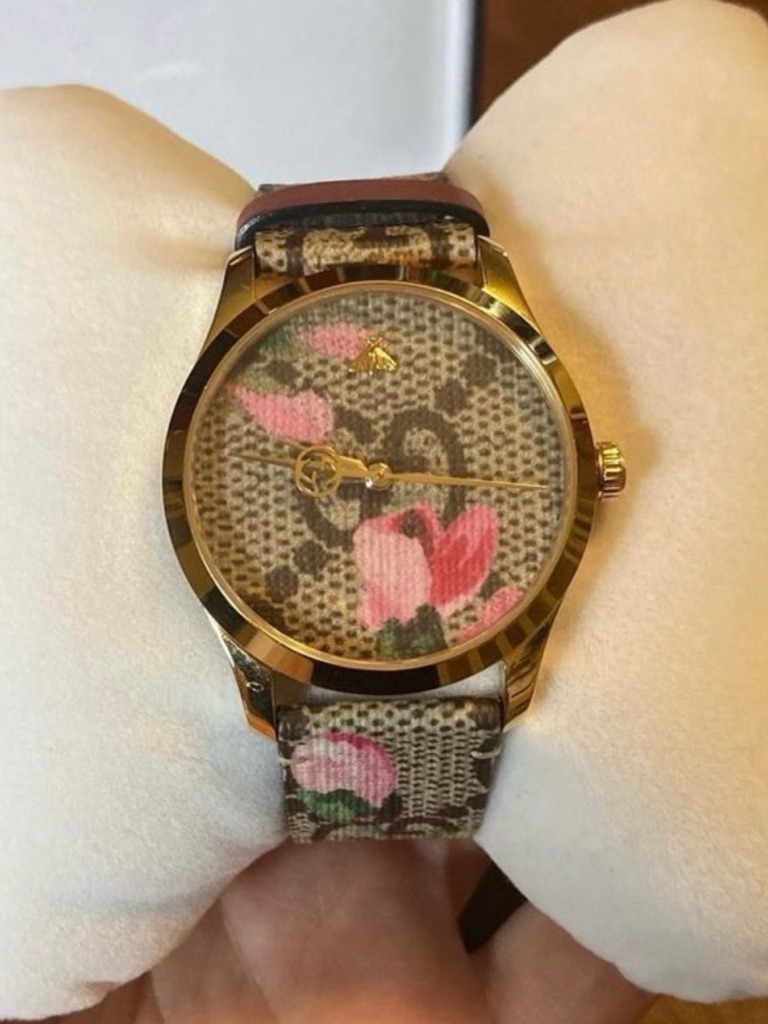 Gucci Gold-Tone Floral Monogram Women's Watch With Pink Accents